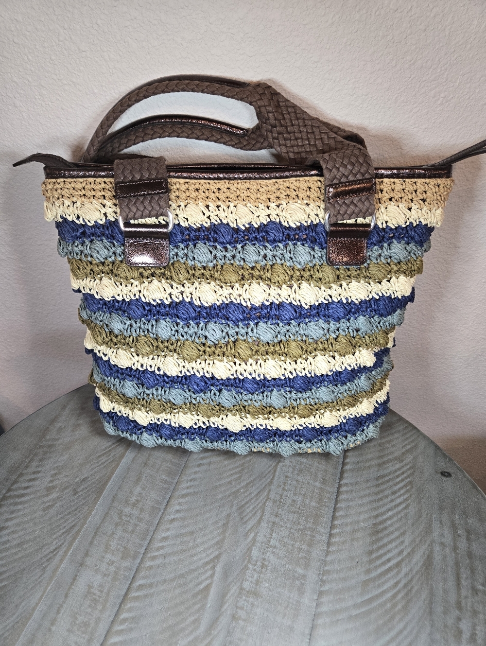Brighton Woven Striped Crochet Tote Bag in Blue, Green & Cream - Picture 7 of 14